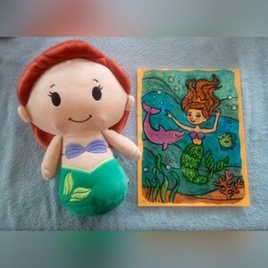🎨Little Mermaid Watercolor Painting Art & Ariel Plush 🖼